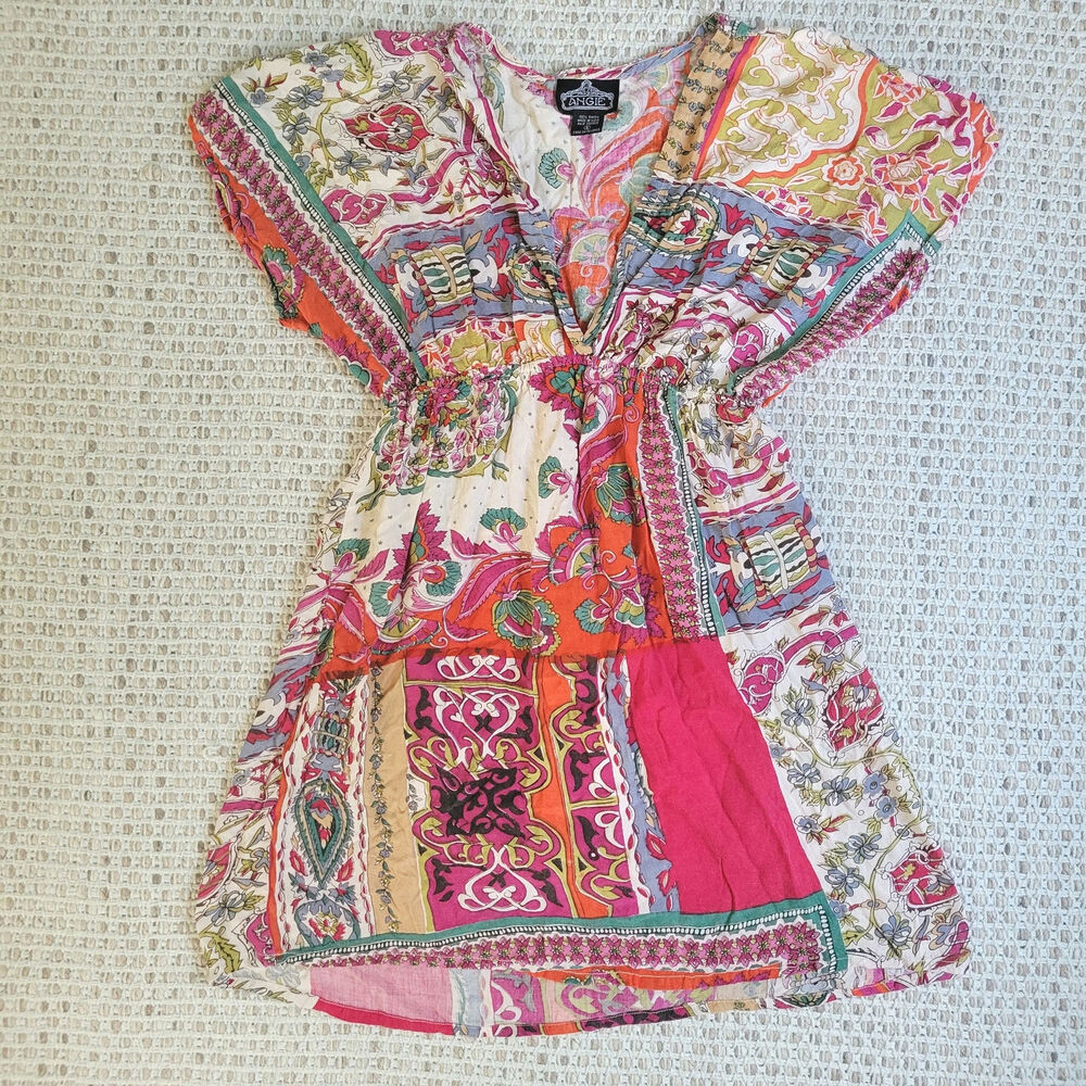 Y2K Angie Womens Small Dress 100% Rayon Colorful Tunic Mini Floral Boho Flowy